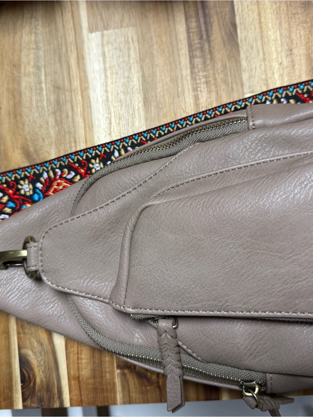 Antik Kraft Taupe Leather Crossbody Sling Bag with Patterned Strap